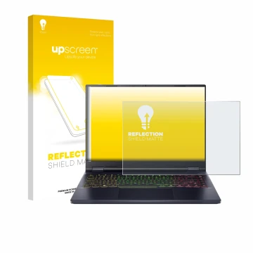 Face avant d’un emballage produit avec le logo de la marque upscreen. À côté, l’appareil Acer Predator Helios Neo 14 AI est re
