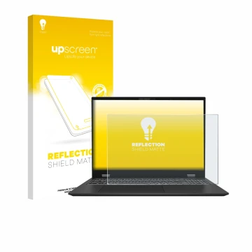 Face avant d’un emballage produit avec le logo de la marque upscreen. À côté, l’appareil MSI Prestige 16 AI Evo B1M est représ