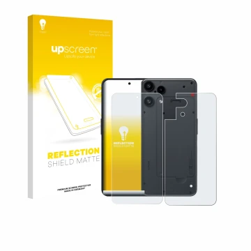 Face avant d’un emballage produit avec le logo de la marque upscreen. À côté, l’appareil Nothing Phone (3a) Lite (Avant+Arrièr
