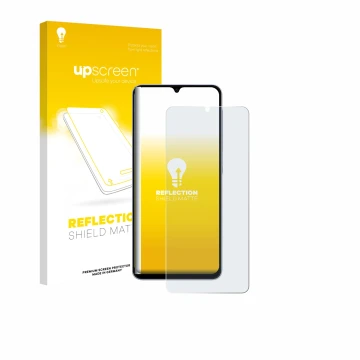 Face avant d’un emballage produit avec le logo de la marque upscreen. À côté, l’appareil Samsung Galaxy A07 est représenté ave