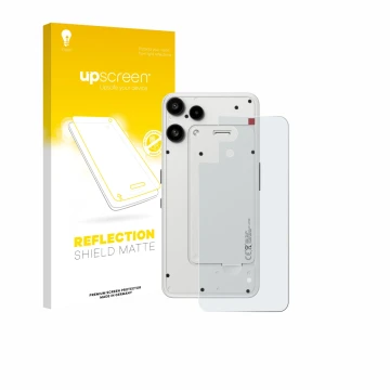 Face avant d’un emballage produit avec le logo de la marque upscreen. À côté, l’appareil Nothing Phone (3a) Lite (Arrière) est
