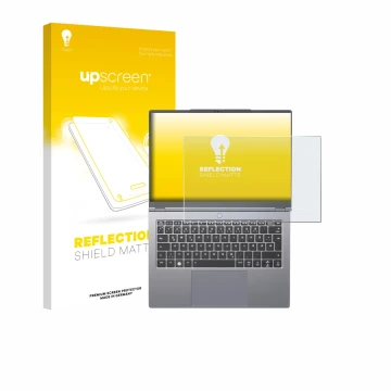 Face avant d’un emballage produit avec le logo de la marque upscreen. À côté, l’appareil Tuxedo InfinityBook Pro 14 Gen 10 est