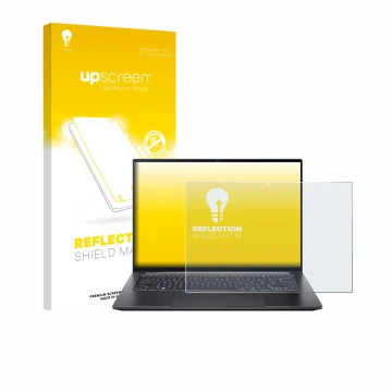 Face avant d’un emballage produit avec le logo de la marque upscreen. À côté, l’appareil Acer Swift X 14 SFX14-73G Touch est r
