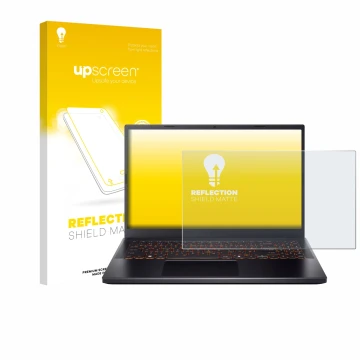 Face avant d’un emballage produit avec le logo de la marque upscreen. À côté, l’appareil Acer Nitro V 15 est représenté avec l