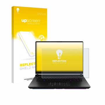 Face avant d’un emballage produit avec le logo de la marque upscreen. À côté, l’appareil ASUS ROG Strix SCAR 18 2025 est repré