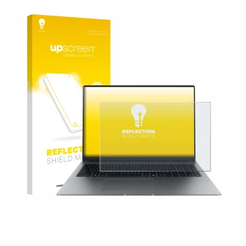Face avant d’un emballage produit avec le logo de la marque upscreen. À côté, l’appareil Honor MagicBook X16 Plus 2025 est rep