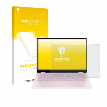 Face avant d’un emballage produit avec le logo de la marque upscreen. À côté, l’appareil HP OmniBook 5 Flip 14 14-fp0153ng est