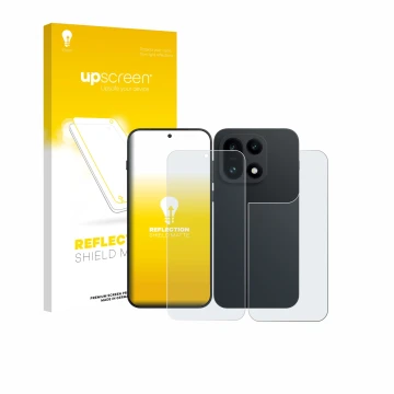 Face avant d’un emballage produit avec le logo de la marque upscreen. À côté, l’appareil OnePlus 15 (Avant+Arrière) est représ