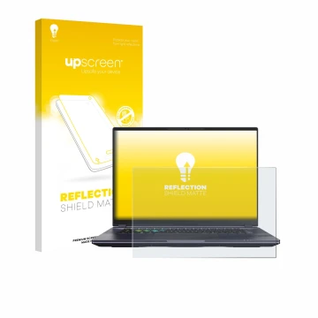 Face avant d’un emballage produit avec le logo de la marque upscreen. À côté, l’appareil Gigabyte AORUS 16X 2024 est représent