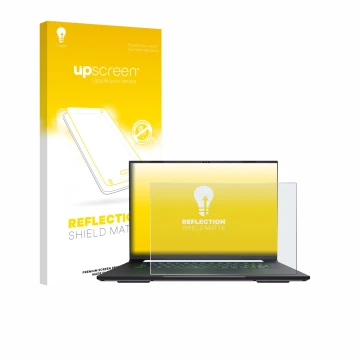 Face avant d’un emballage produit avec le logo de la marque upscreen. À côté, l’appareil Gigabyte AERO X16 2025 est représenté