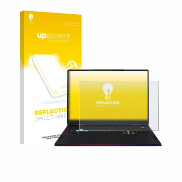 Face avant d’un emballage produit avec le logo de la marque upscreen. À côté, l’appareil MSI Raider 18 HX AI 2025 est représen