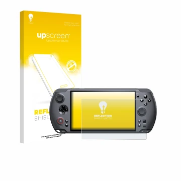 Face avant d’un emballage produit avec le logo de la marque upscreen. À côté, l’appareil GPD Win 5 est représenté avec la prot