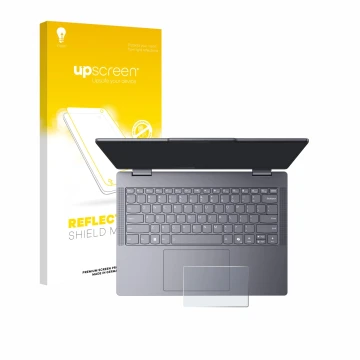 Face avant d’un emballage produit avec le logo de la marque upscreen. À côté, l’appareil Lenovo IdeaPad 5 2-in-1 14