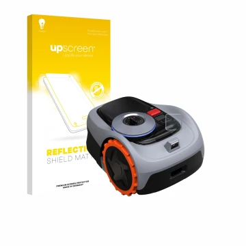 Face avant d’un emballage produit avec le logo de la marque upscreen. À côté, l’appareil Navimow i105E+ est représenté avec la