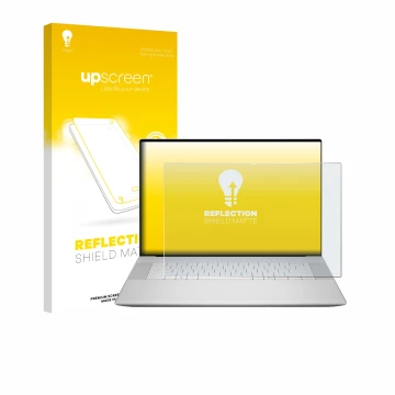 Face avant d’un emballage produit avec le logo de la marque upscreen. À côté, l’appareil Dell 16 Premium Laptop est représenté