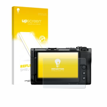 Face avant d’un emballage produit avec le logo de la marque upscreen. À côté, l’appareil Nikon ZR 2025 est représenté avec la 