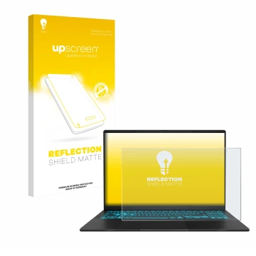 Face avant d’un emballage produit avec le logo de la marque upscreen. À côté, l’appareil ASUS V16 V3607 est représenté avec la