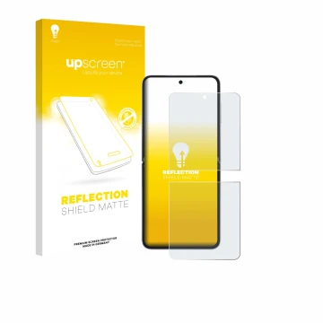 Face avant d’un emballage produit avec le logo de la marque upscreen. À côté, l’appareil Honor Magic V Flip 2 est représenté a