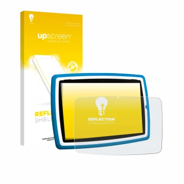 Face avant d’un emballage produit avec le logo de la marque upscreen. À côté, l’appareil Lisciani Mio Tab 10 Tutor XL est repr