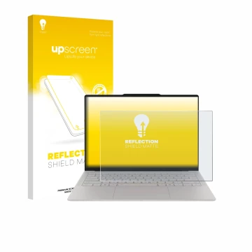Face avant d’un emballage produit avec le logo de la marque upscreen. À côté, l’appareil Lenovo Yoga Slim 7i Ultra Gen 11 Aura