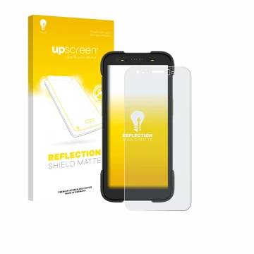 Face avant d’un emballage produit avec le logo de la marque upscreen. À côté, l’appareil Zebra TC701 est représenté avec la pr