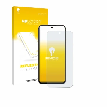 Face avant d’un emballage produit avec le logo de la marque upscreen. À côté, l’appareil Oppo A6 est représenté avec la protec