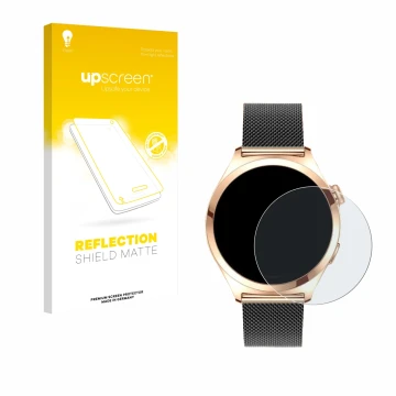 Face avant d’un emballage produit avec le logo de la marque upscreen. À côté, l’appareil Niolina Smartwatch 1.27