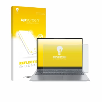 Face avant d’un emballage produit avec le logo de la marque upscreen. À côté, l’appareil Lenovo ThinkBook 16 Gen 7+ est représ