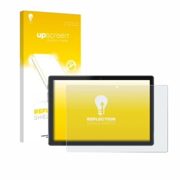 Face avant d’un emballage produit avec le logo de la marque upscreen. À côté, l’appareil Lisciani Mio Tab 10