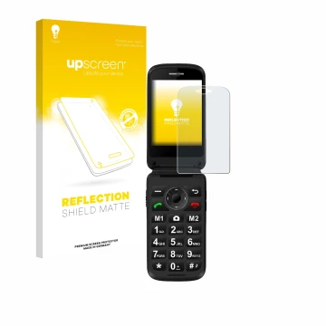 Face avant d’un emballage produit avec le logo de la marque upscreen. À côté, l’appareil Simvalley Mobile XL-970 est représent