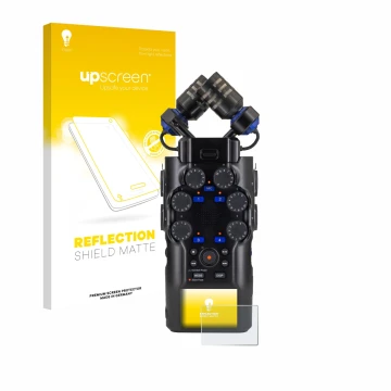 Face avant d’un emballage produit avec le logo de la marque upscreen. À côté, l’appareil Zoom H6 studio est représenté avec la