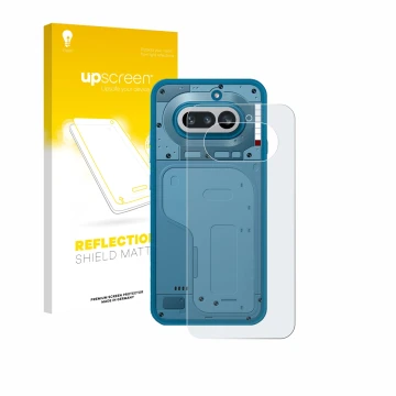 Face avant d’un emballage produit avec le logo de la marque upscreen. À côté, l’appareil Nothing Phone (4a) (Arrière) est repr