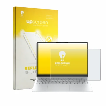 Face avant d’un emballage produit avec le logo de la marque upscreen. À côté, l’appareil HP OmniBook 3 16 16-bw0750ng est repr