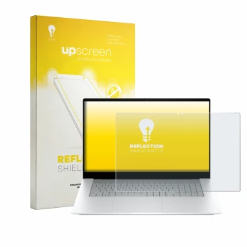 Face avant d’un emballage produit avec le logo de la marque upscreen. À côté, l’appareil HP OmniBook X 17-de0776ngx est représ