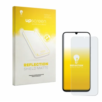 Face avant d’un emballage produit avec le logo de la marque upscreen. À côté, l’appareil realme C100 4G est représenté avec la