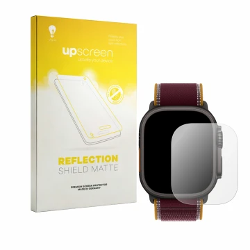 Face avant d’un emballage produit avec le logo de la marque upscreen. À côté, l’appareil Apple Watch Ultra 4 (49 mm) est repré