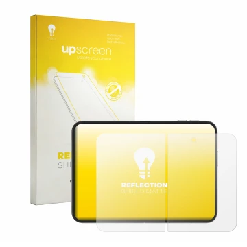Face avant d’un emballage produit avec le logo de la marque upscreen. À côté, l’appareil Apple iPhone Duo (Affichage interne) 