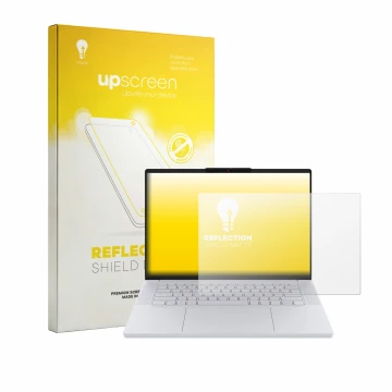 Face avant d’un emballage produit avec le logo de la marque upscreen. À côté, l’appareil Lenovo Googlebook 15 est représenté a