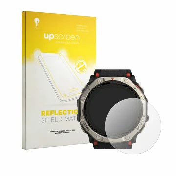 Face avant d’un emballage produit avec le logo de la marque upscreen. À côté, l’appareil Huami Amazfit T-Rex Dual Solar est re