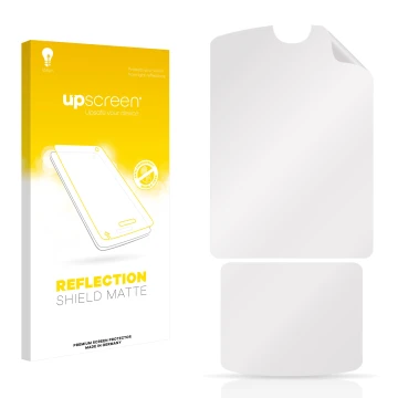 Face avant d’un emballage produit avec le logo de la marque upscreen. À côté se trouve la protection d’écran correspondante.