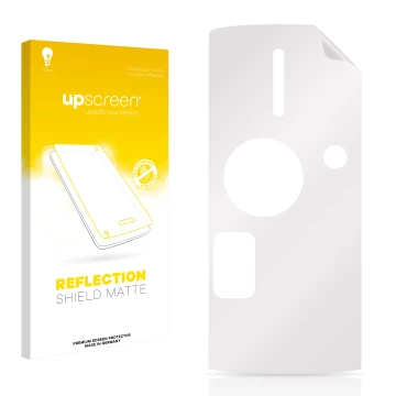 Face avant d’un emballage produit avec le logo de la marque upscreen. À côté se trouve la protection d’écran correspondante.