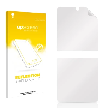 Face avant d’un emballage produit avec le logo de la marque upscreen. À côté se trouve la protection d’écran correspondante.