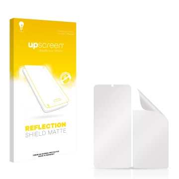 Face avant d’un emballage produit avec le logo de la marque upscreen. À côté se trouve la protection d’écran correspondante.