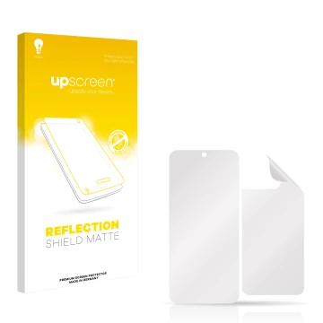 Face avant d’un emballage produit avec le logo de la marque upscreen. À côté se trouve la protection d’écran correspondante.
