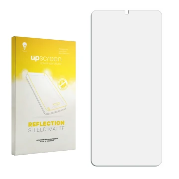 Face avant d’un emballage produit avec le logo de la marque upscreen. À côté se trouve la protection d’écran correspondante.