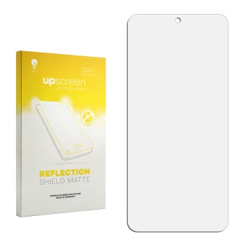 Face avant d’un emballage produit avec le logo de la marque upscreen. À côté se trouve la protection d’écran correspondante.