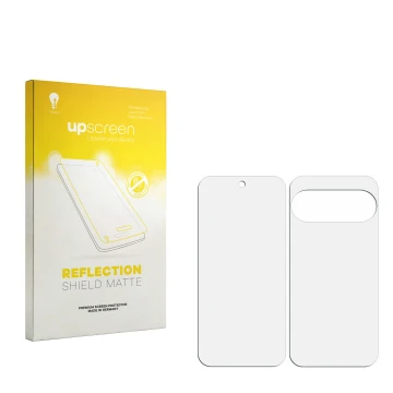 Face avant d’un emballage produit avec le logo de la marque upscreen. À côté se trouve la protection d’écran correspondante.