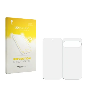 Face avant d’un emballage produit avec le logo de la marque upscreen. À côté se trouve la protection d’écran correspondante.