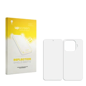 Face avant d’un emballage produit avec le logo de la marque upscreen. À côté se trouve la protection d’écran correspondante.