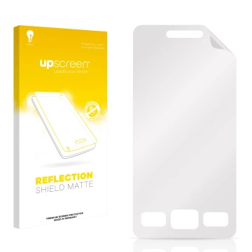 Face avant d’un emballage produit avec le logo de la marque upscreen. À côté se trouve la protection d’écran correspondante.